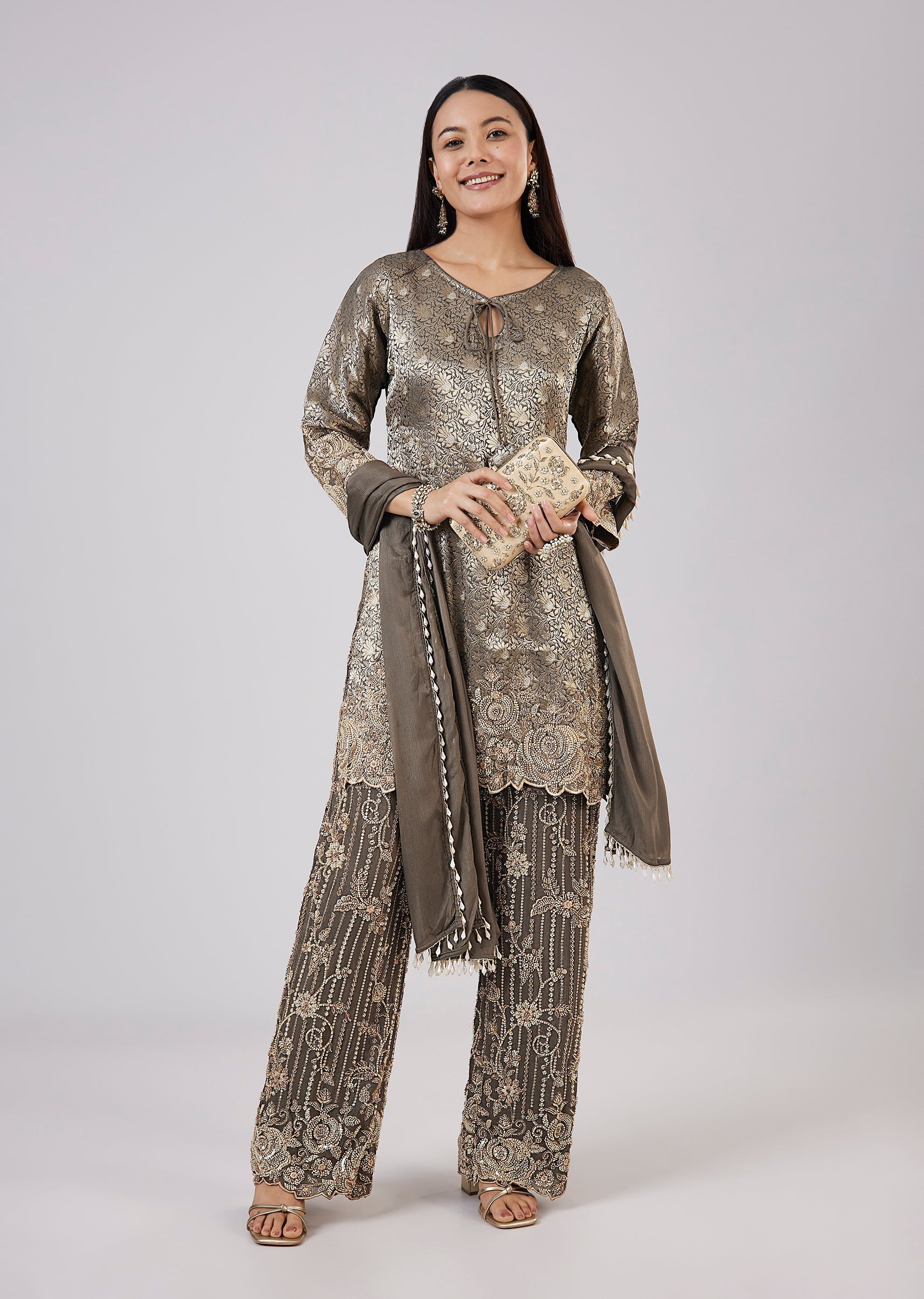 Green Brocade Kurta Set With Bead Work