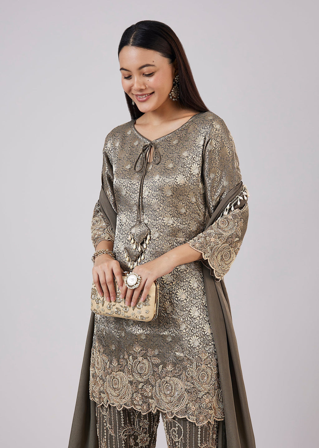Green Brocade Kurta Set With Bead Work