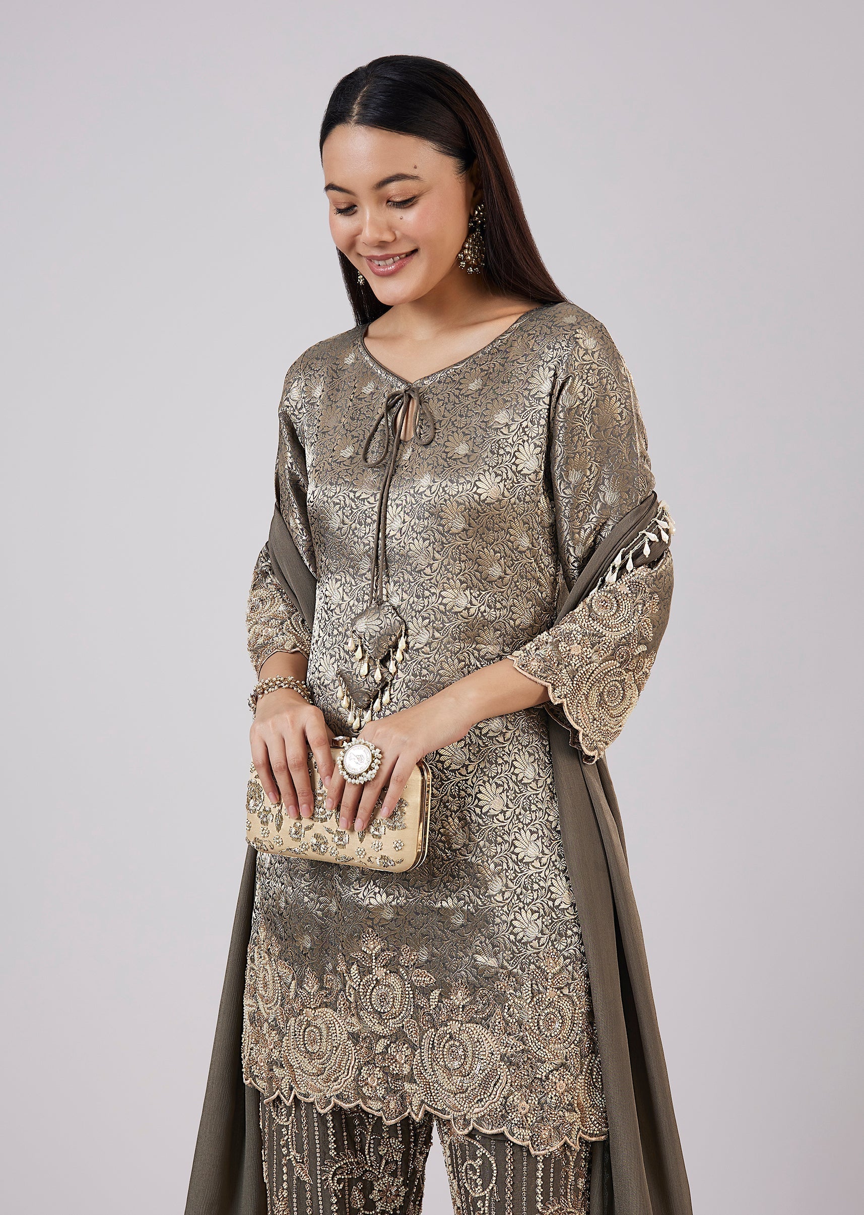 Green Brocade Kurta Set With Bead Work
