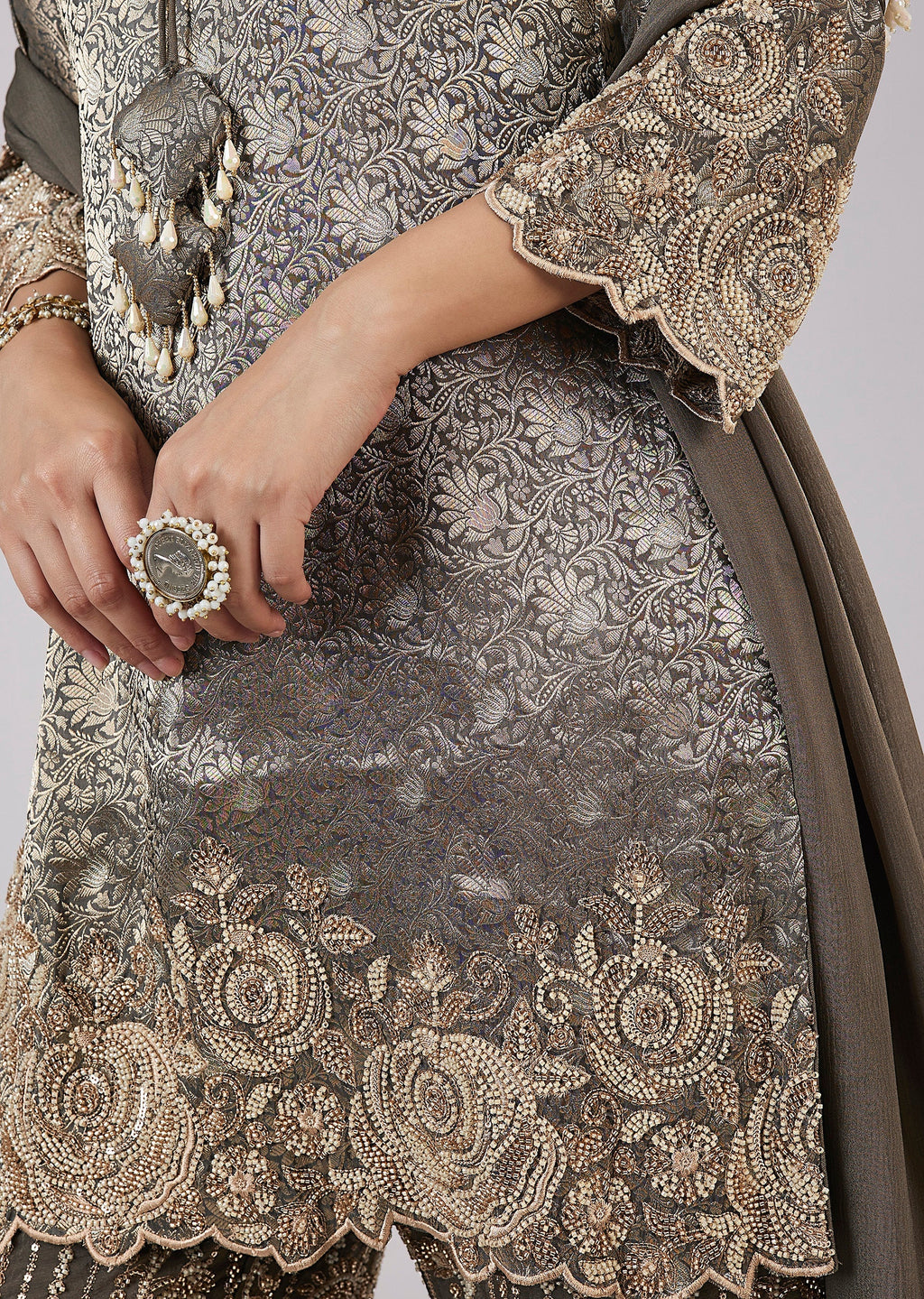 Green Brocade Kurta Set With Bead Work