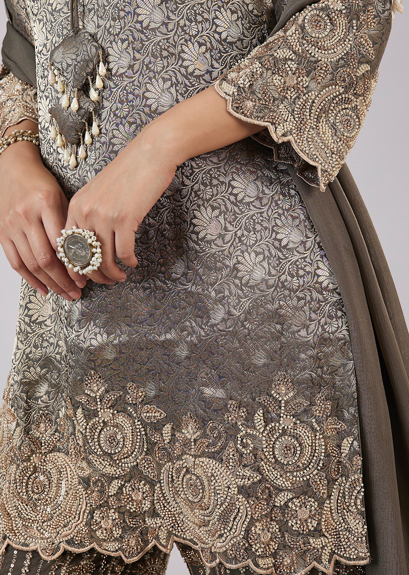 Green Brocade Kurta Set With Bead Work