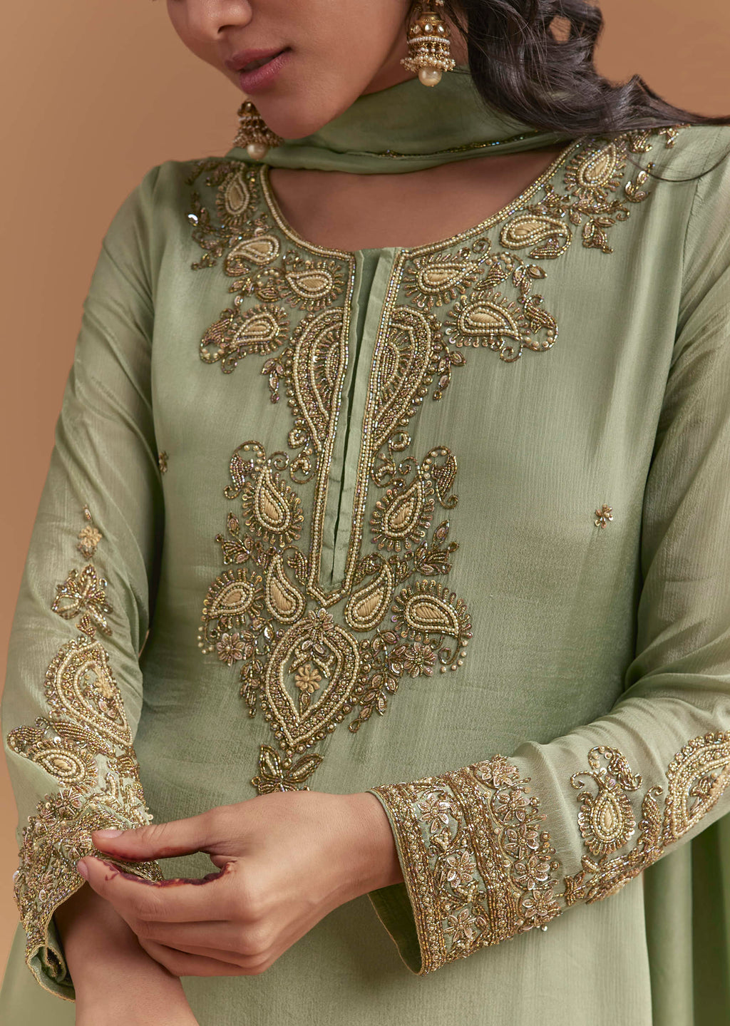 Green Chinon Palazzo Suit With Moti And Cutdana Embroidery