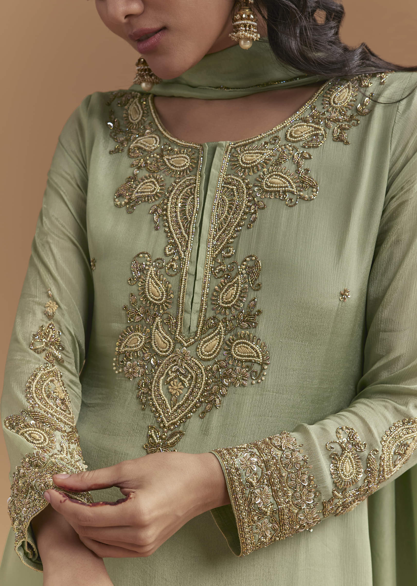 Green Chinon Palazzo Suit With Moti And Cutdana Embroidery