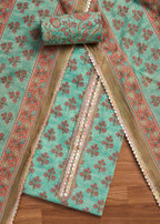Green Cotton Printed Unstitched Suit With Dupatta and Bottom Fabric