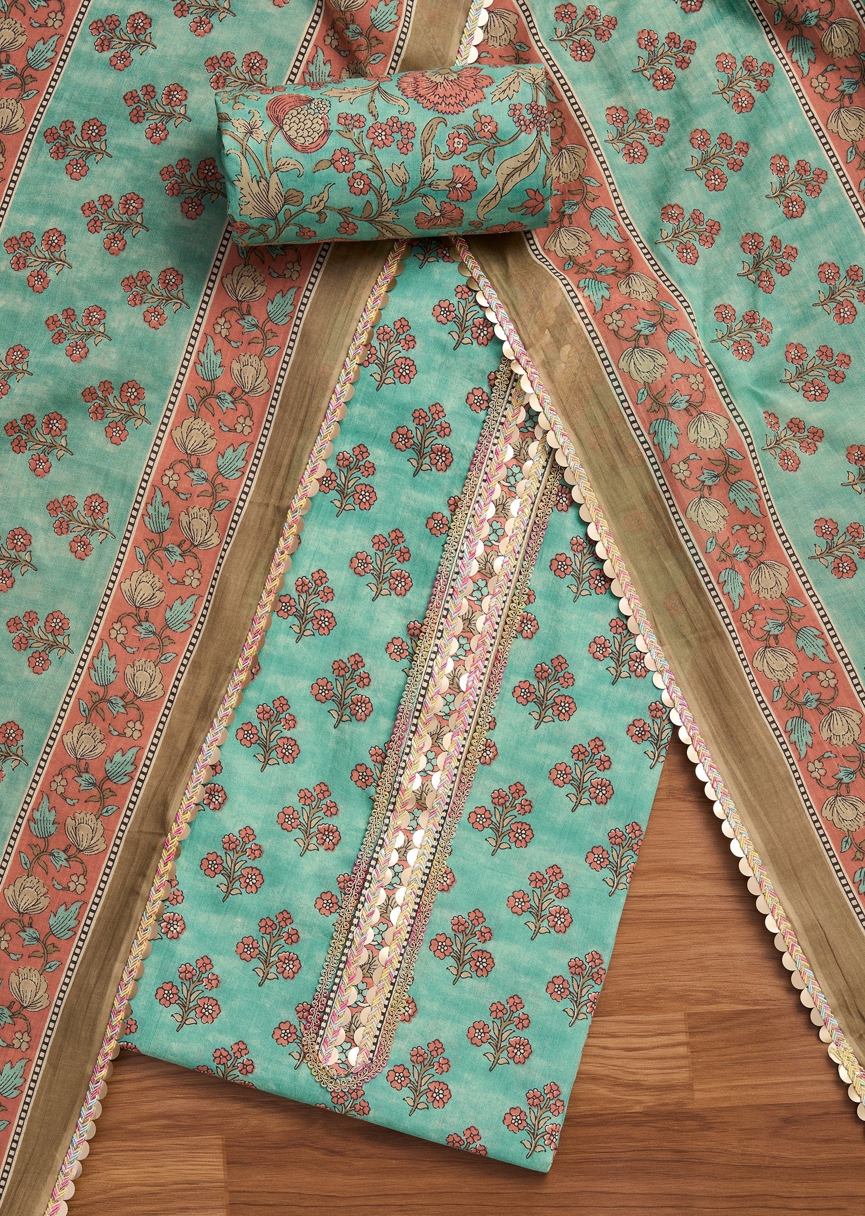Green Cotton Printed Unstitched Suit With Dupatta and Bottom Fabric