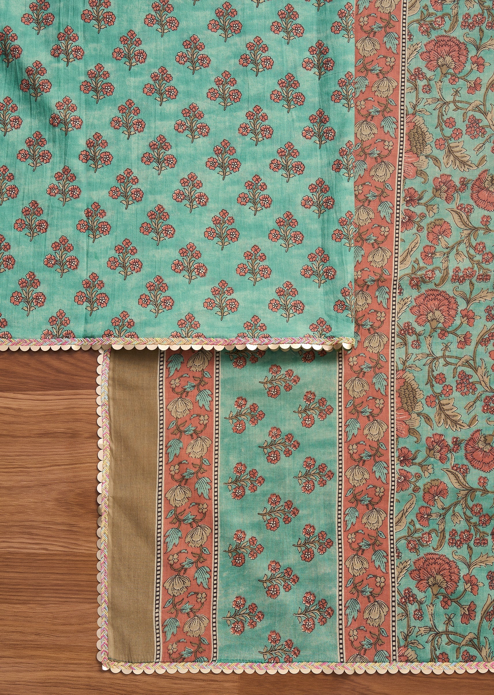 Green Cotton Printed Unstitched Suit With Dupatta and Bottom Fabric