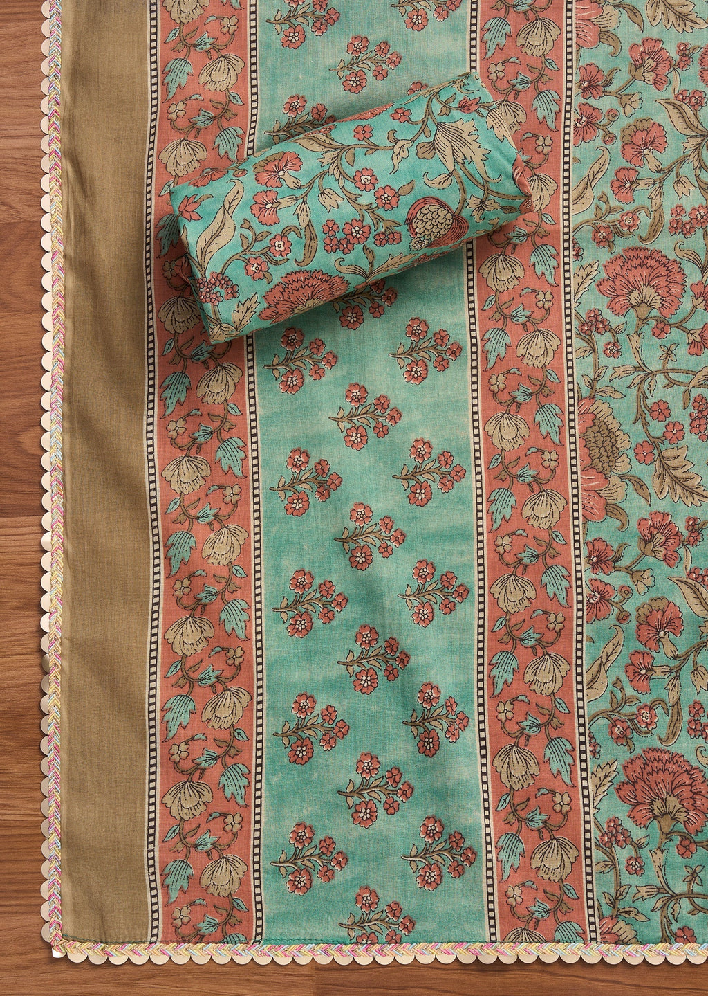 Green Cotton Printed Unstitched Suit With Dupatta and Bottom Fabric