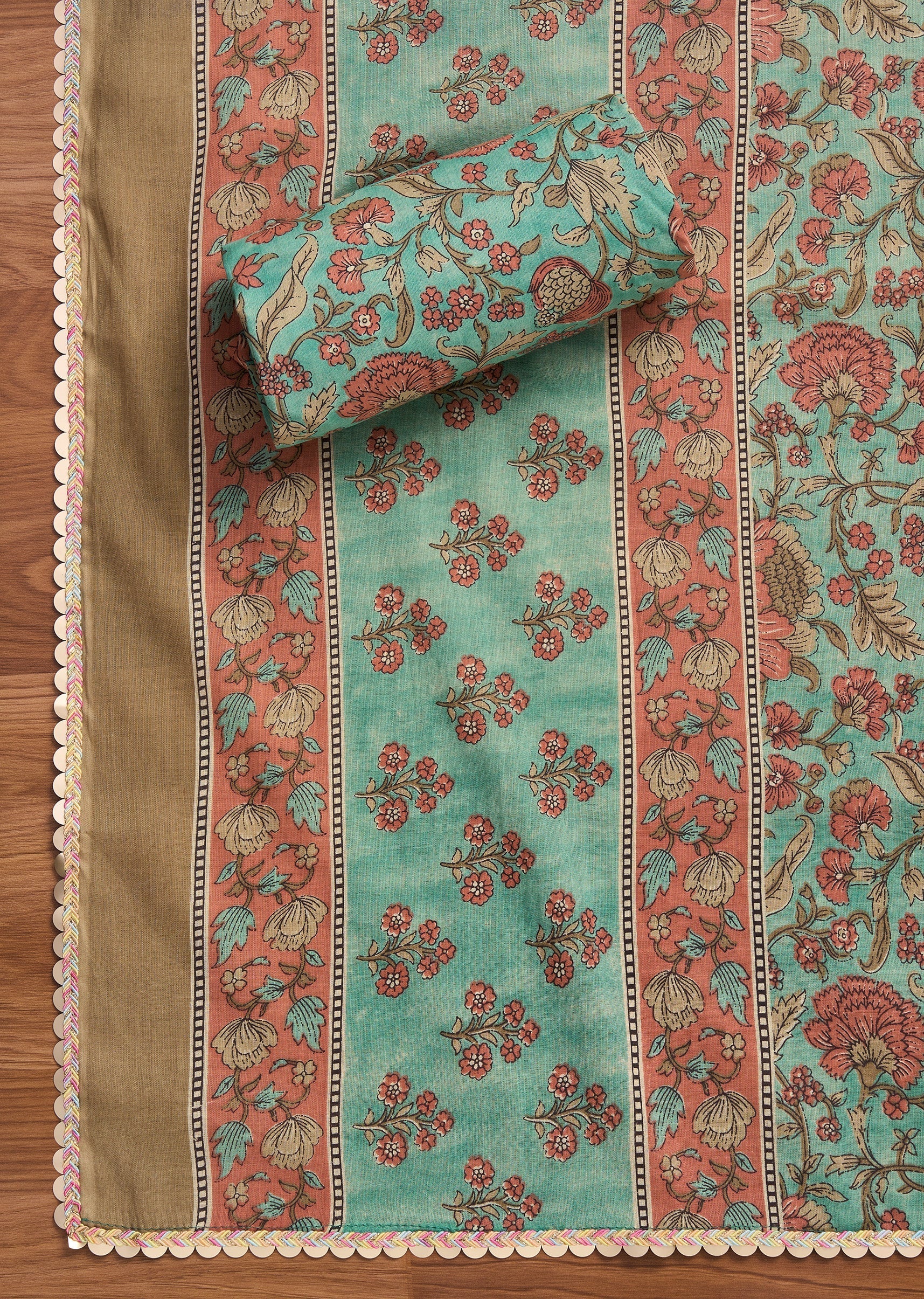 Green Cotton Printed Unstitched Suit With Dupatta and Bottom Fabric