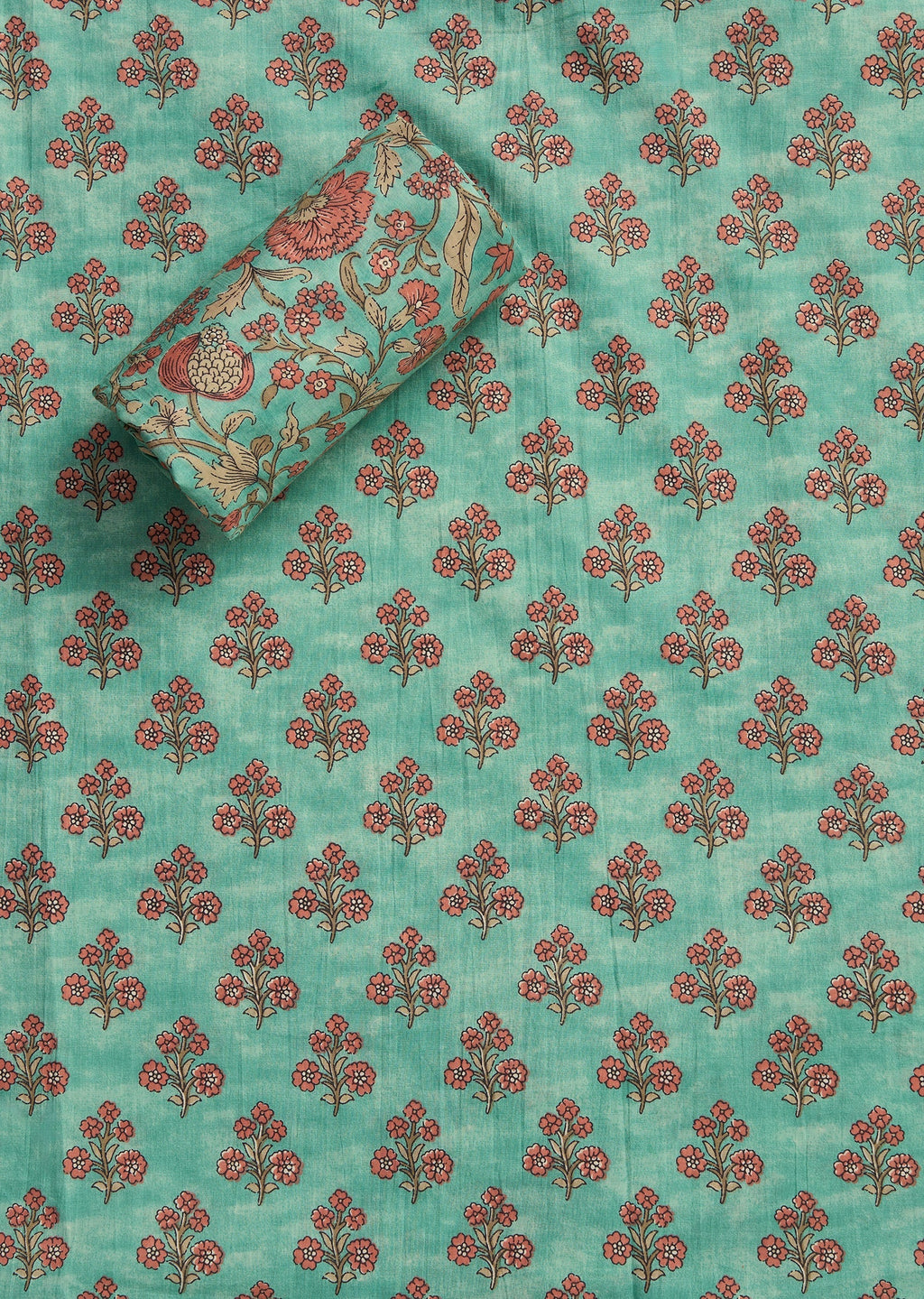 Green Cotton Printed Unstitched Suit With Dupatta and Bottom Fabric
