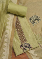 Green Cotton Printed Unstitched Suit With Dupatta