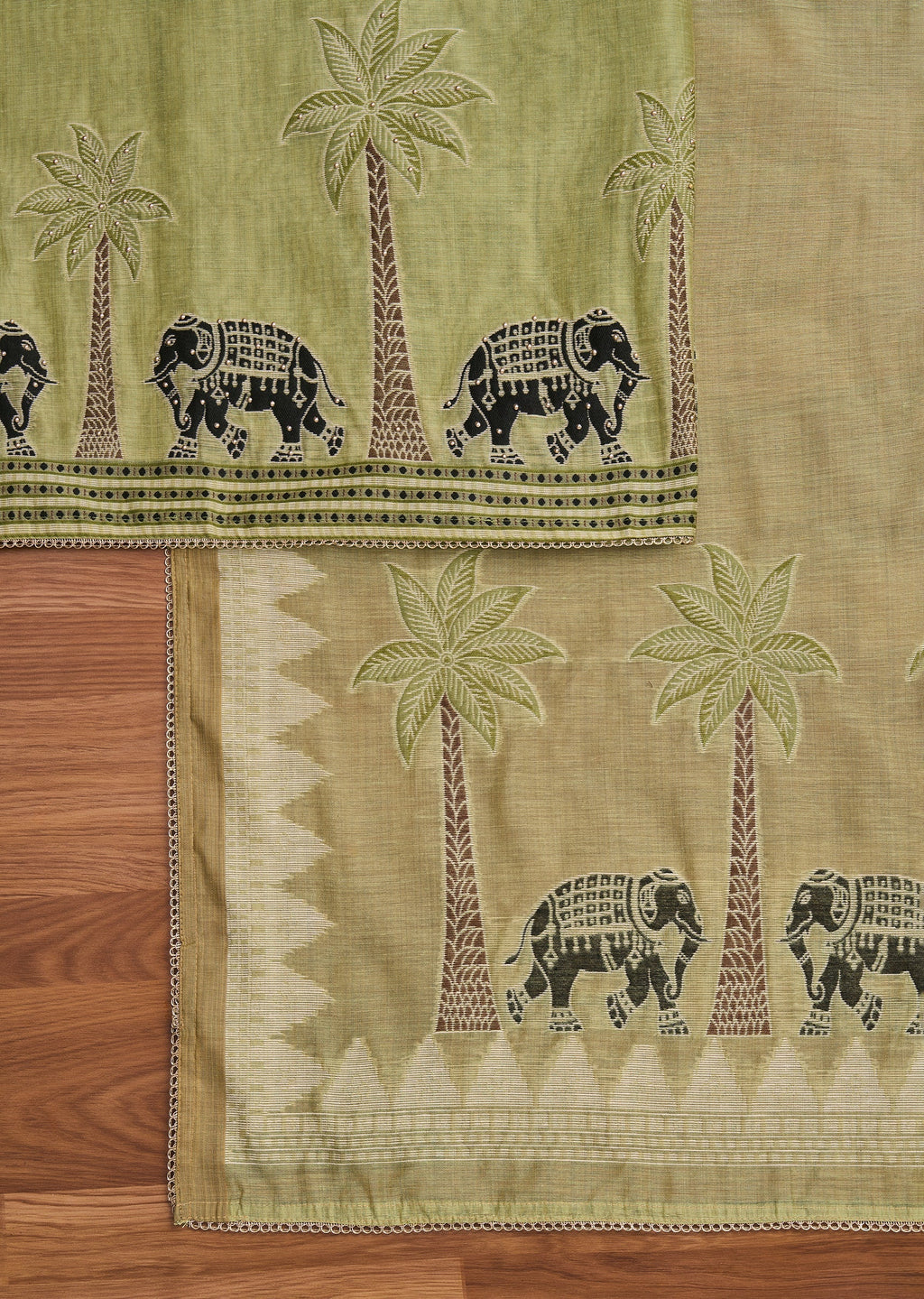 Green Cotton Printed Unstitched Suit With Dupatta