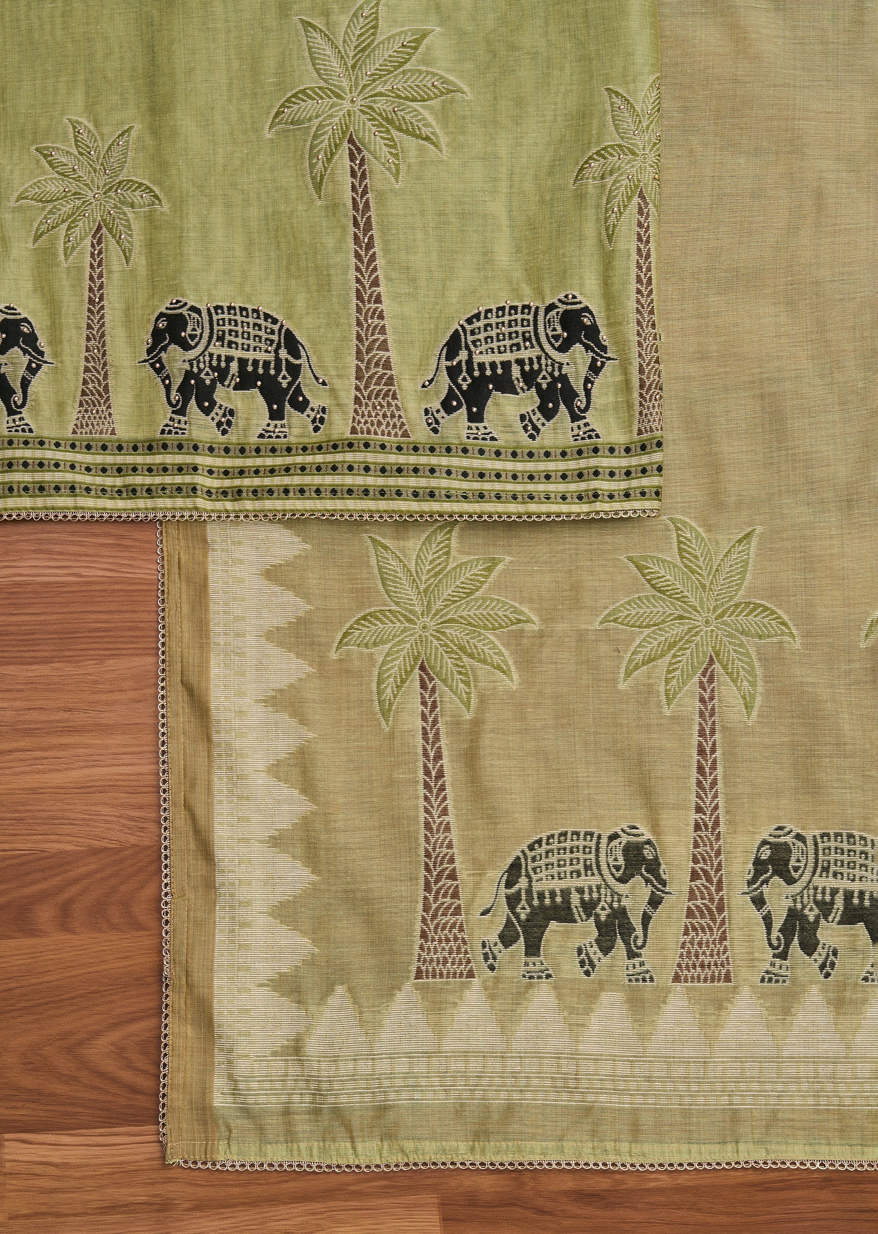 Green Cotton Printed Unstitched Suit With Dupatta