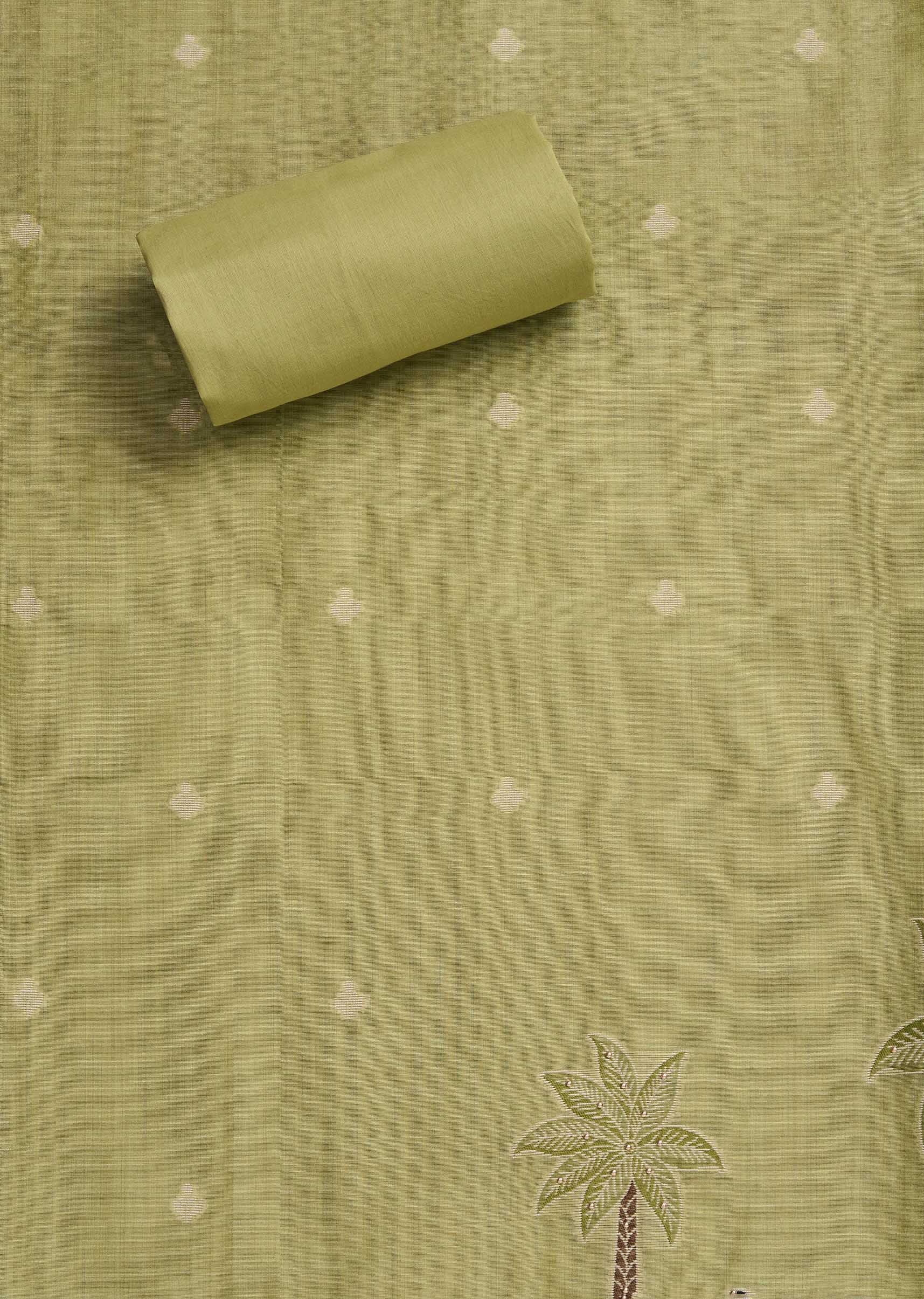 Green Cotton Printed Unstitched Suit With Dupatta