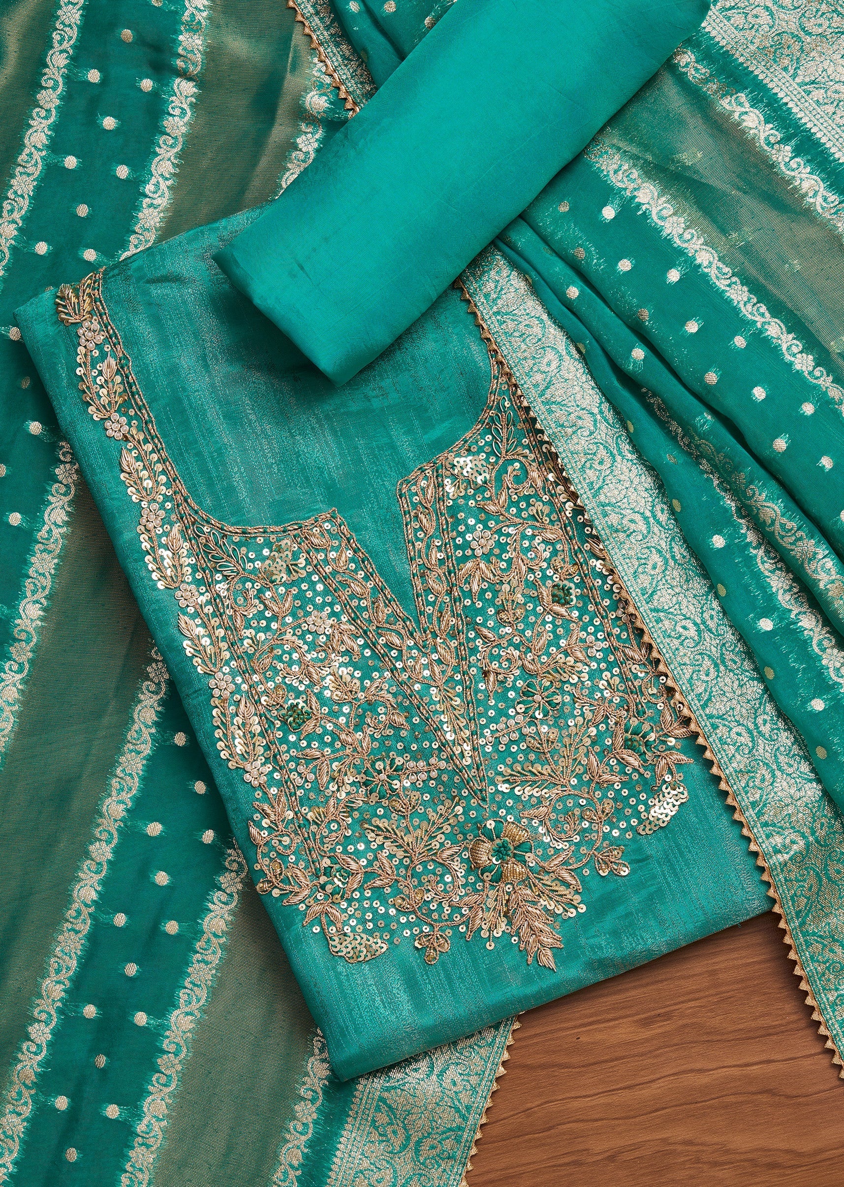 Green Crepe Unstitched Suit With Dupatta