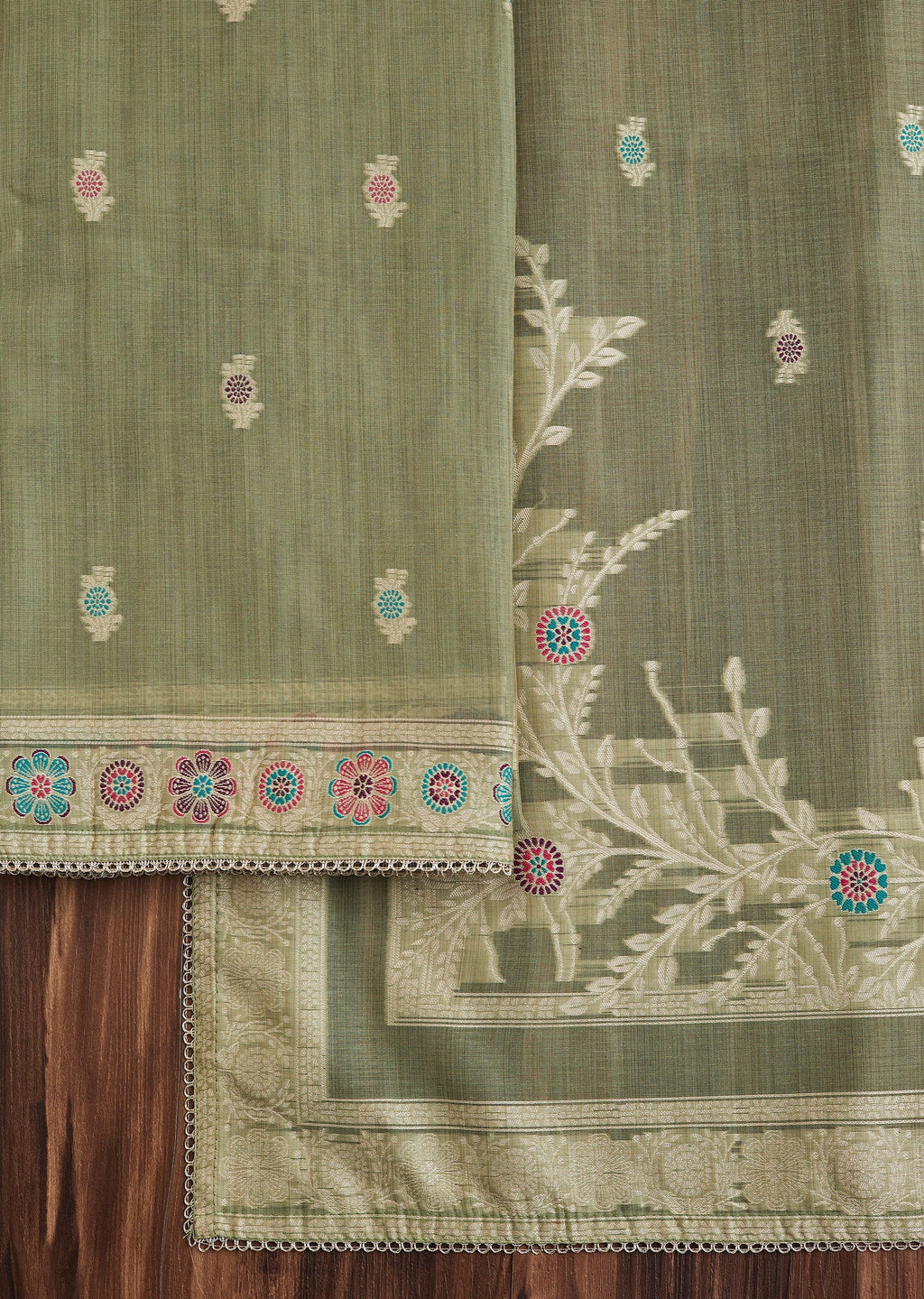 Green Linen Chanderi Unstitched Suit