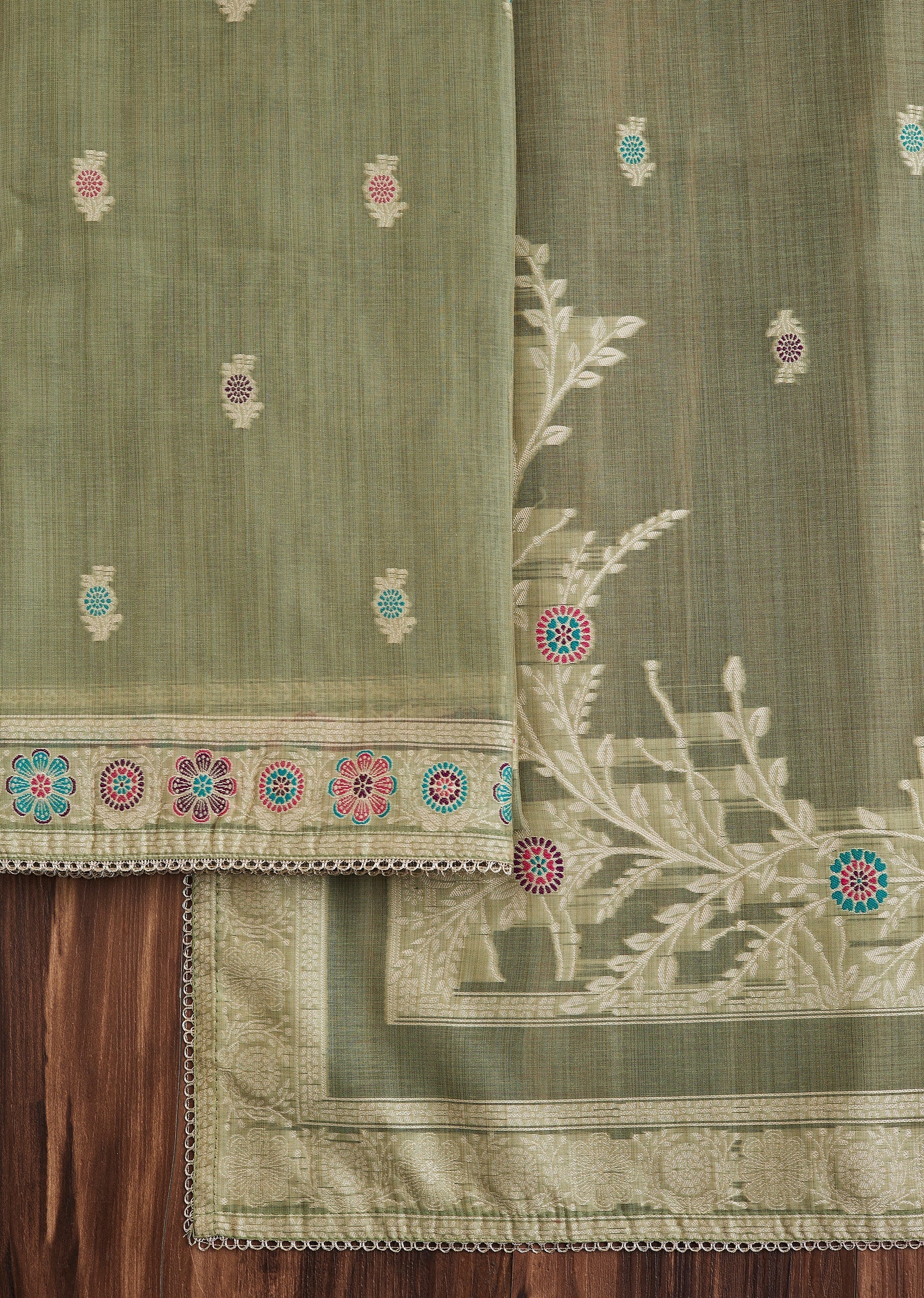 Green Linen Chanderi Unstitched Suit