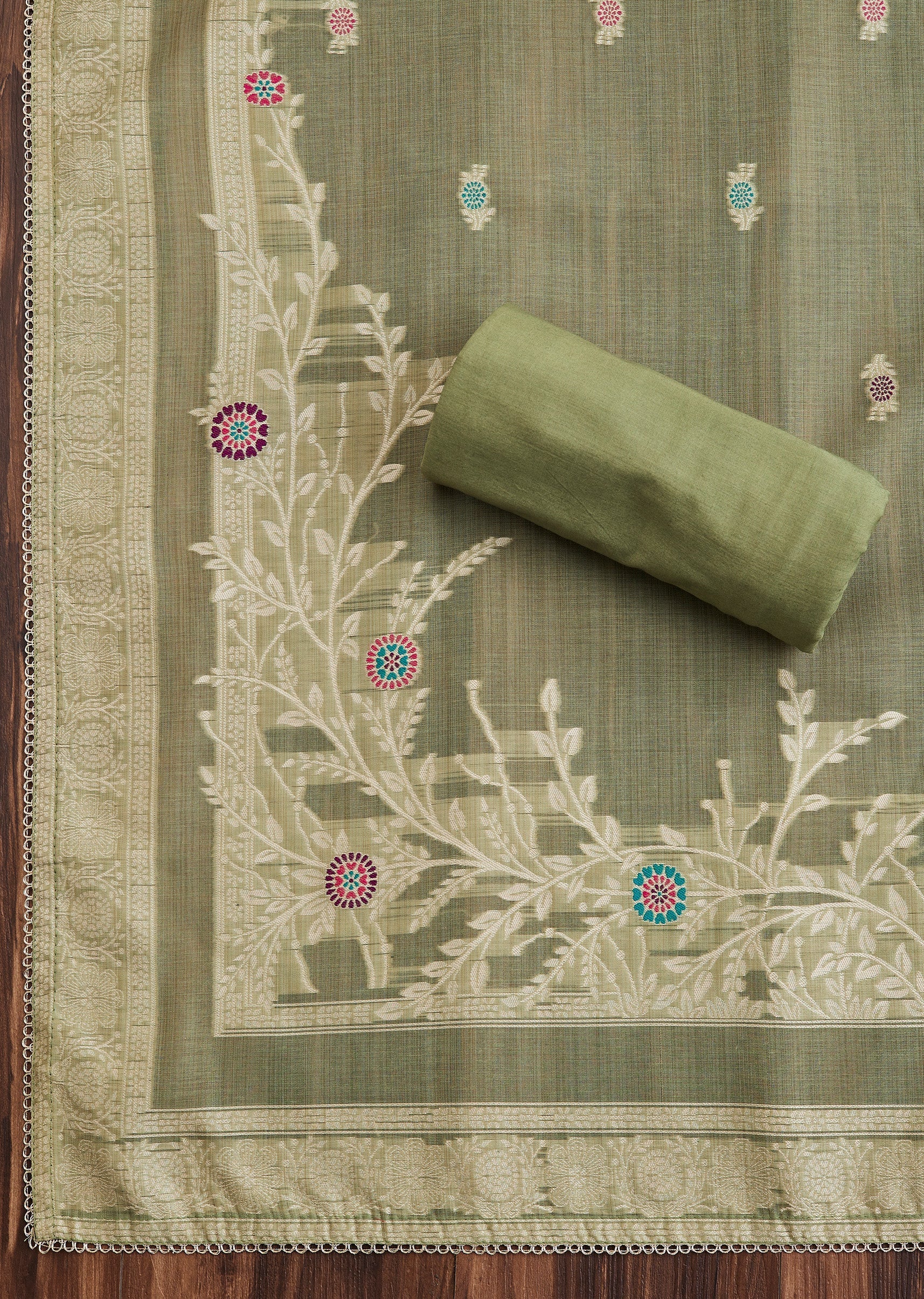 Green Linen Chanderi Unstitched Suit