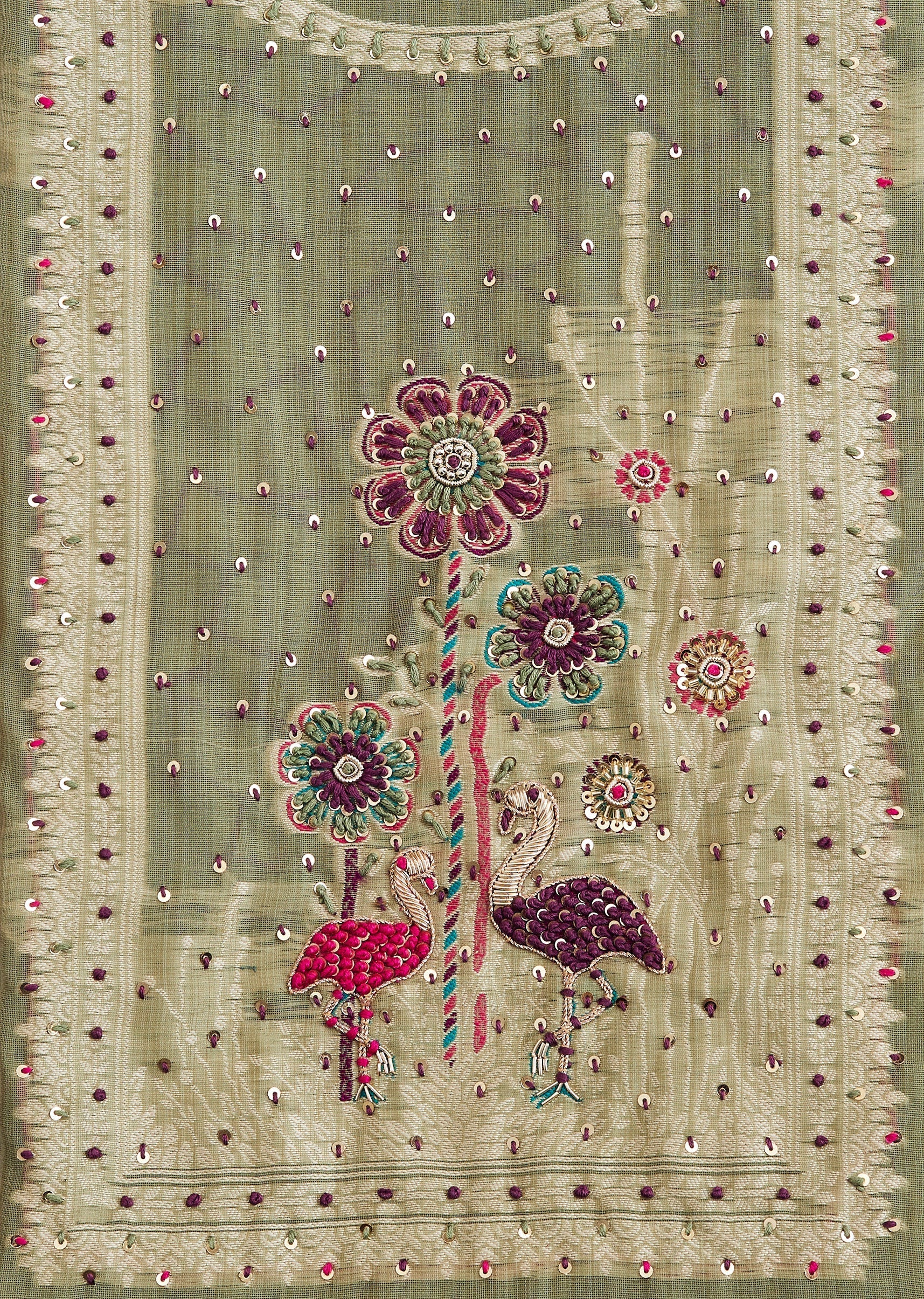 Green Linen Chanderi Unstitched Suit