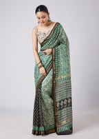 Green Motif Printed Saree with Unstitched Blouse