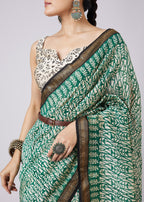 Green Motif Printed Saree with Unstitched Blouse