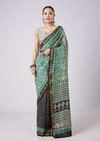 Green Motif Printed Saree with Unstitched Blouse