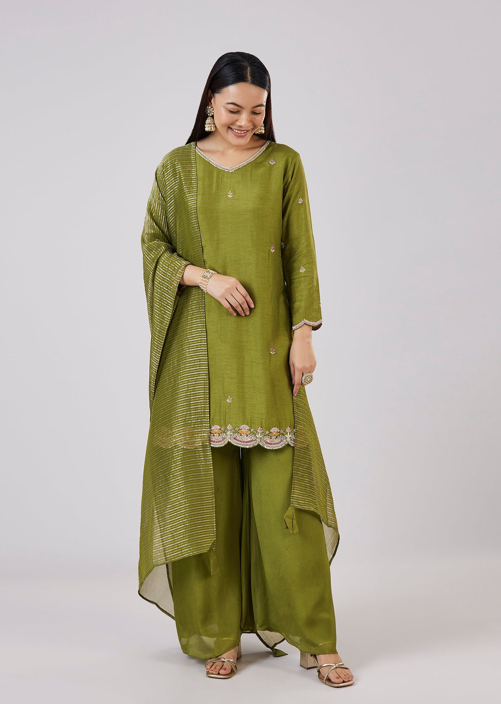 Green Silk Palazzo Set With Zari And Sequins Work