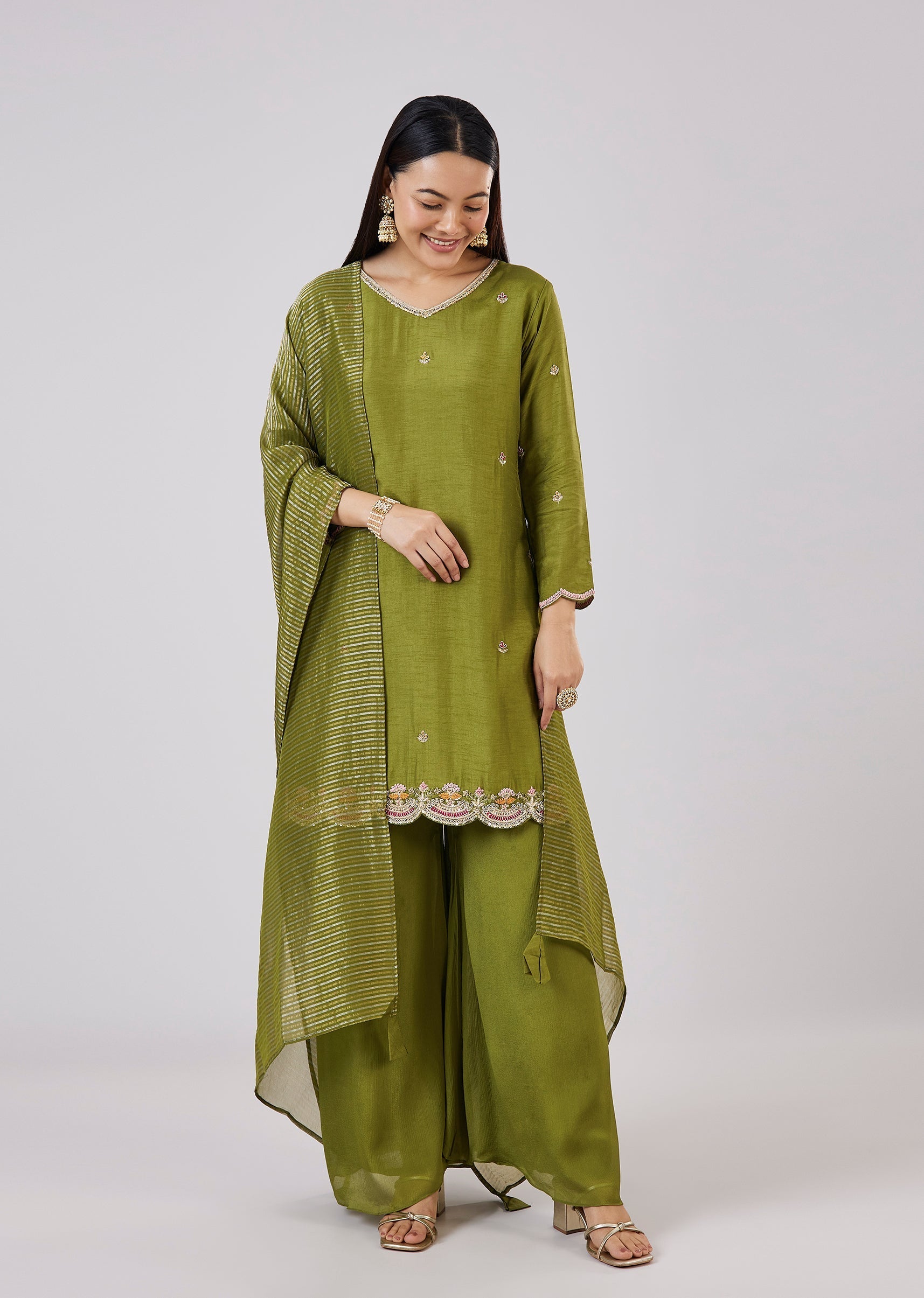 Green Silk Palazzo Set With Zari And Sequins Work