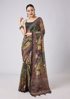 Green Tassel Block Printed Saree with Unstitched Blouse