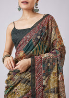 Green Tassel Block Printed Saree with Unstitched Blouse
