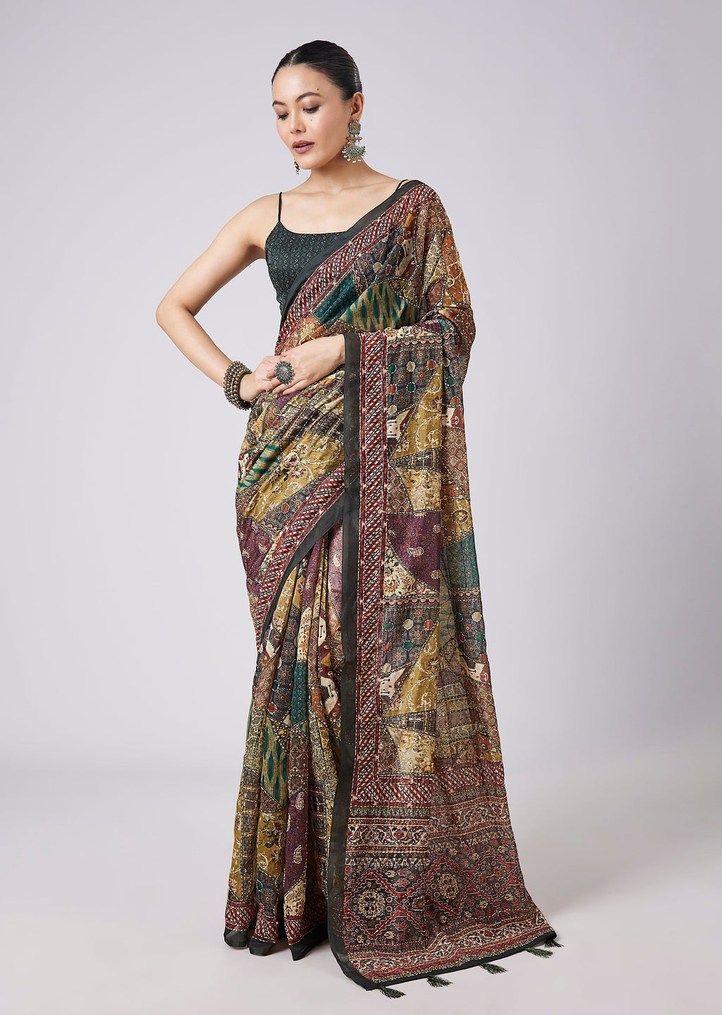 Green Tassel Block Printed Saree with Unstitched Blouse