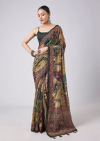 Green Tassel Block Printed Saree with Unstitched Blouse