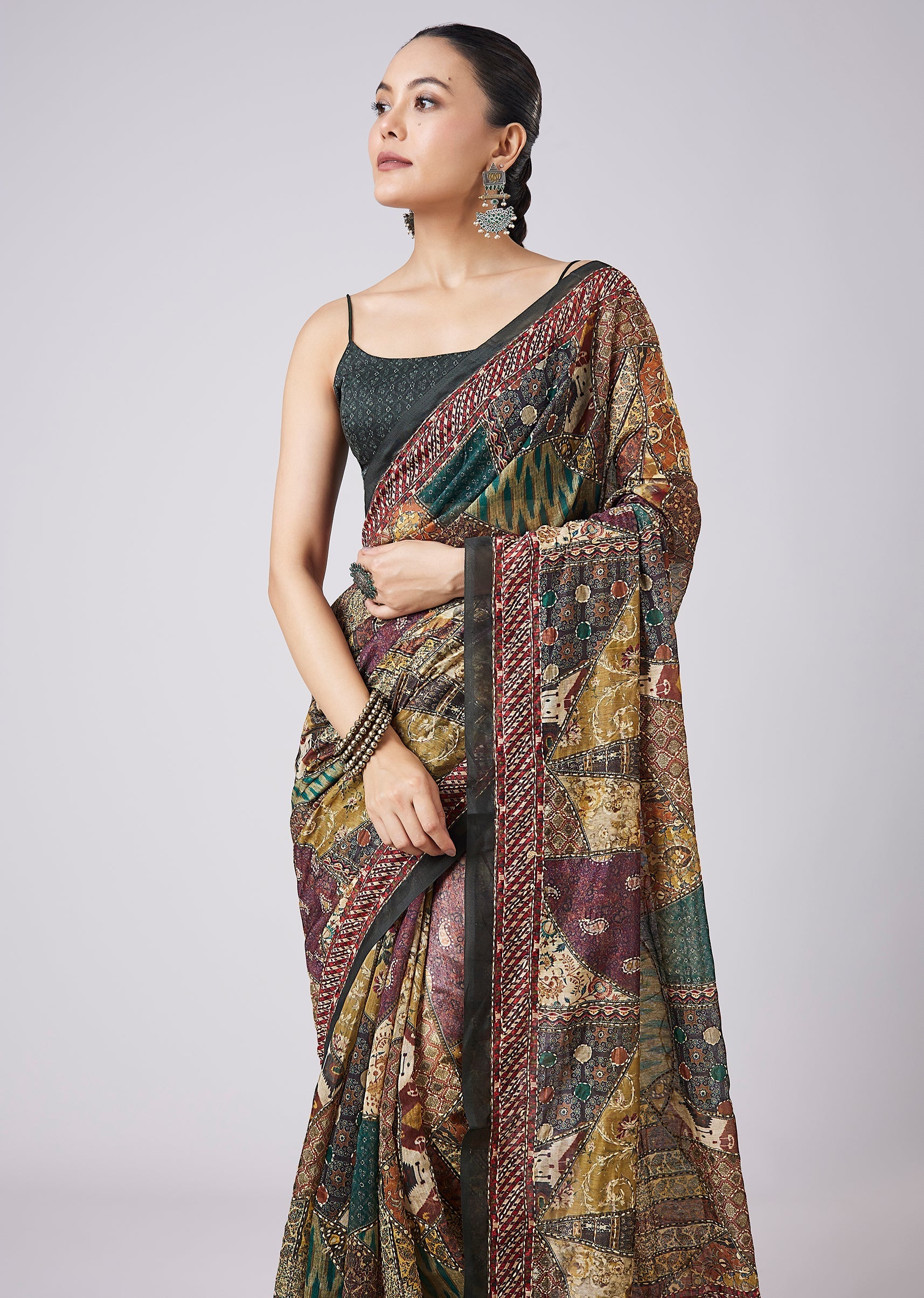 Green Tassel Block Printed Saree with Unstitched Blouse
