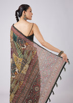Green Tassel Block Printed Saree with Unstitched Blouse