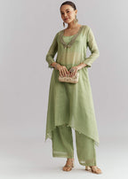 Green Tissue Kurta Set With Intricate Embroidery