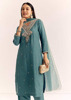 Green Zardosi Work Dola Silk Kurta Set With Dupatta