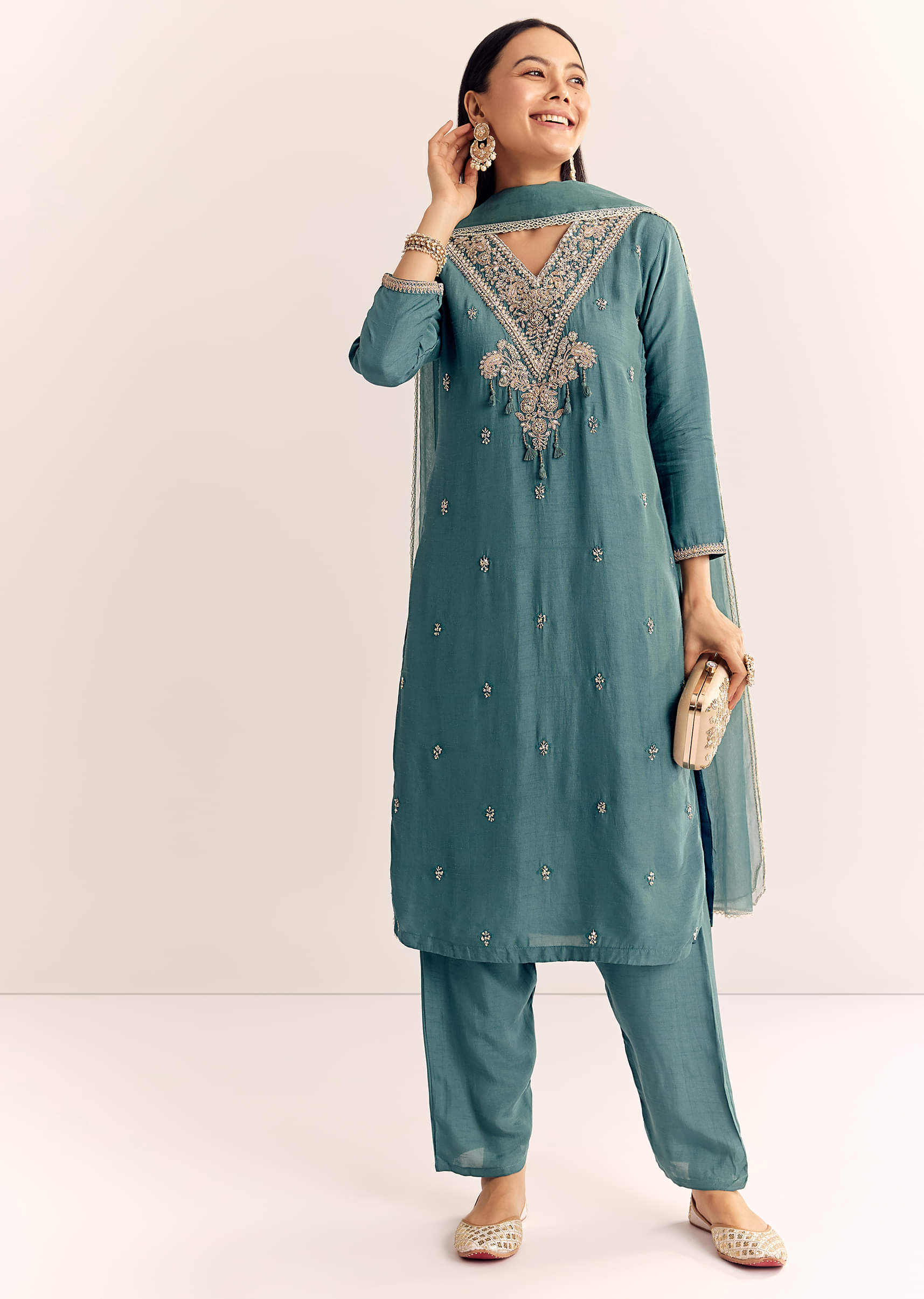 Green Zardosi Work Dola Silk Kurta Set With Dupatta