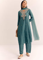 Green Zardosi Work Dola Silk Kurta Set With Dupatta