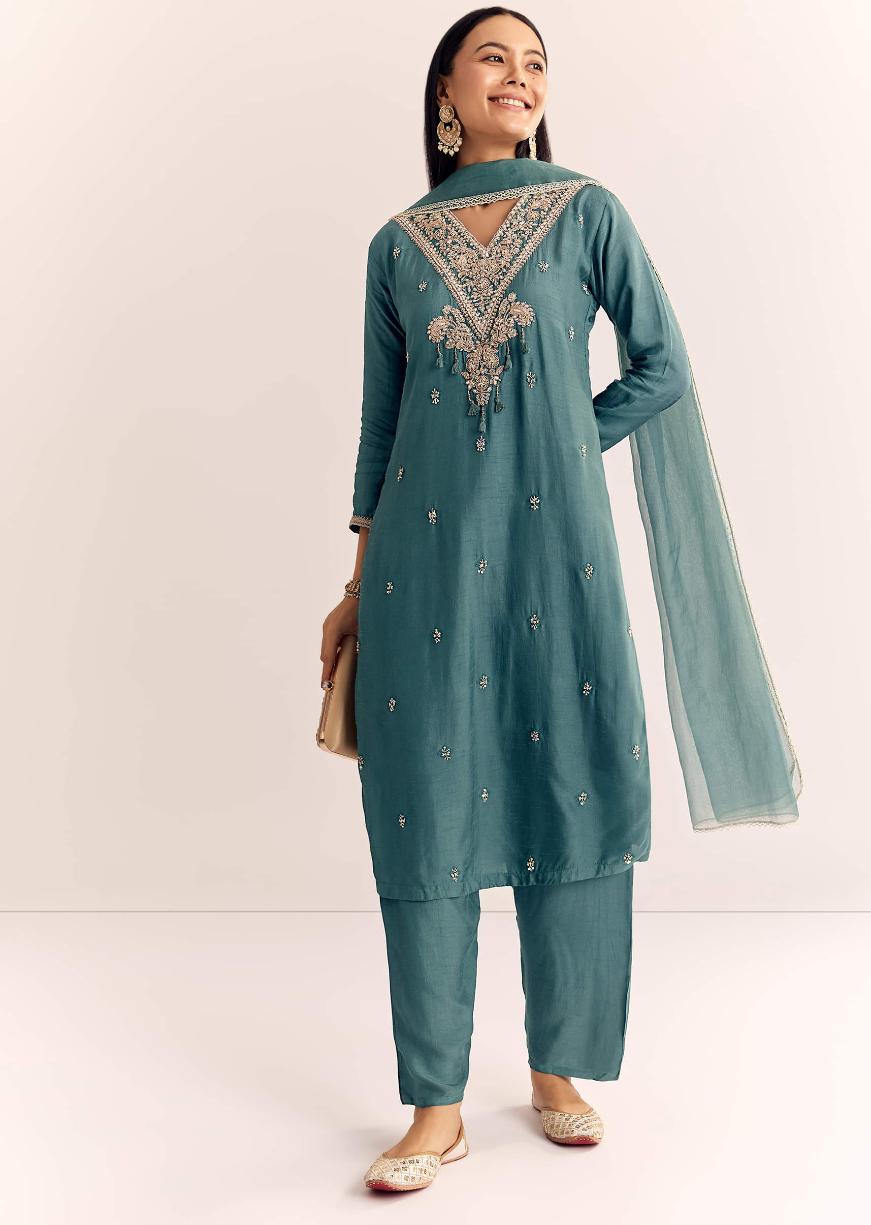 Green Zardosi Work Dola Silk Kurta Set With Dupatta