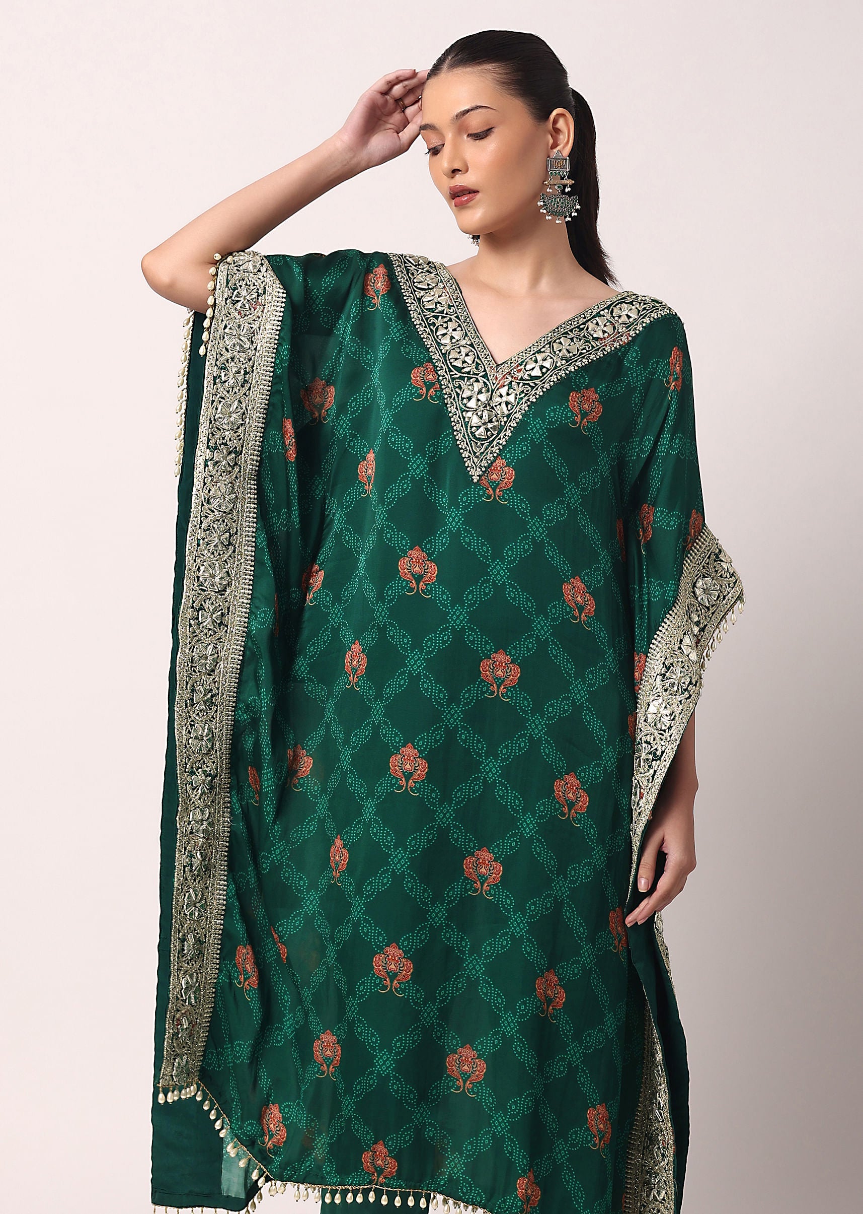 Green Pant Set With Gota Embroidered Kaftan Kurta