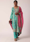 Green Silk Pant Set With Zari Embroidered Kurta