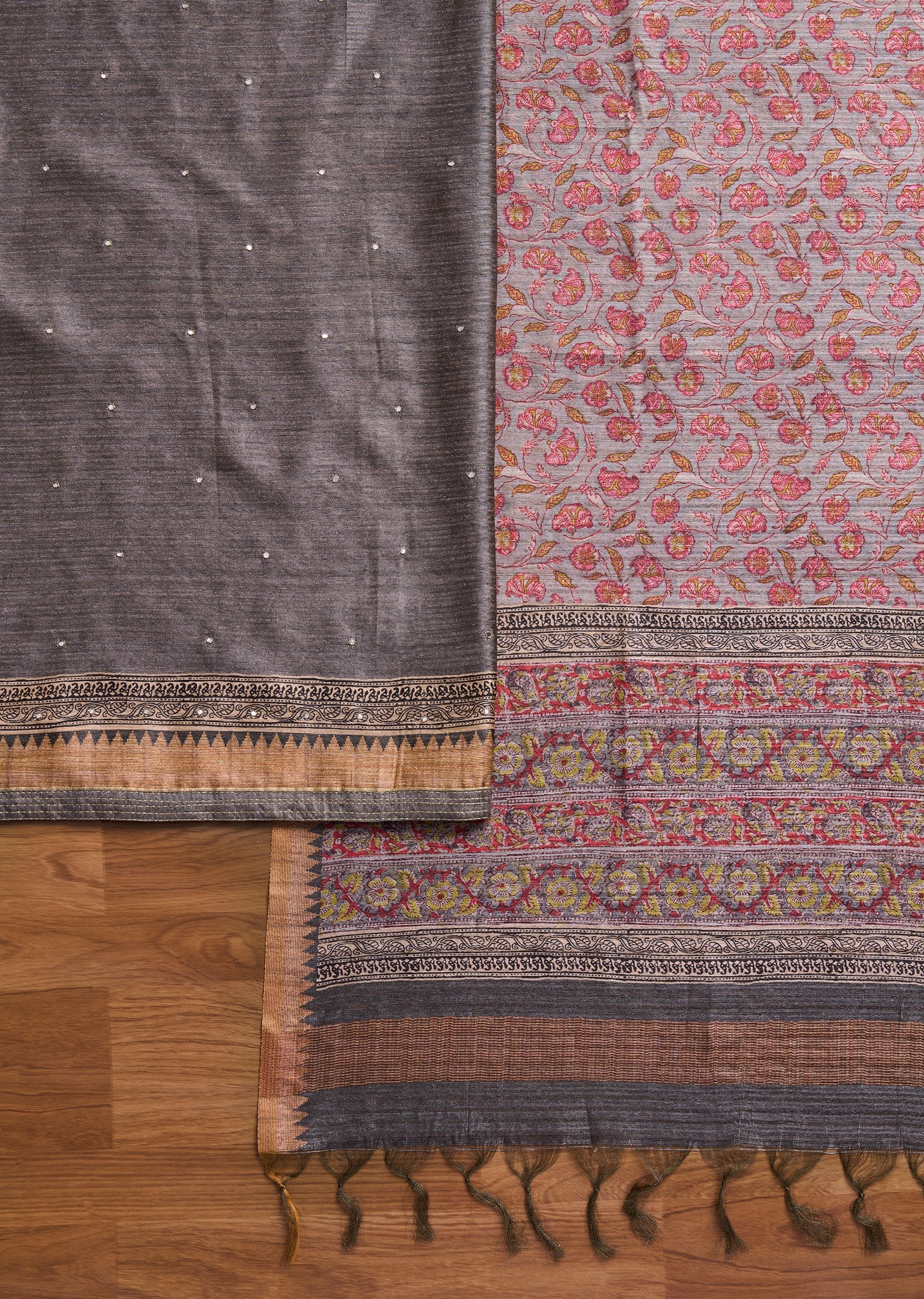 Grey Dola Silk Unstitched Suit Set