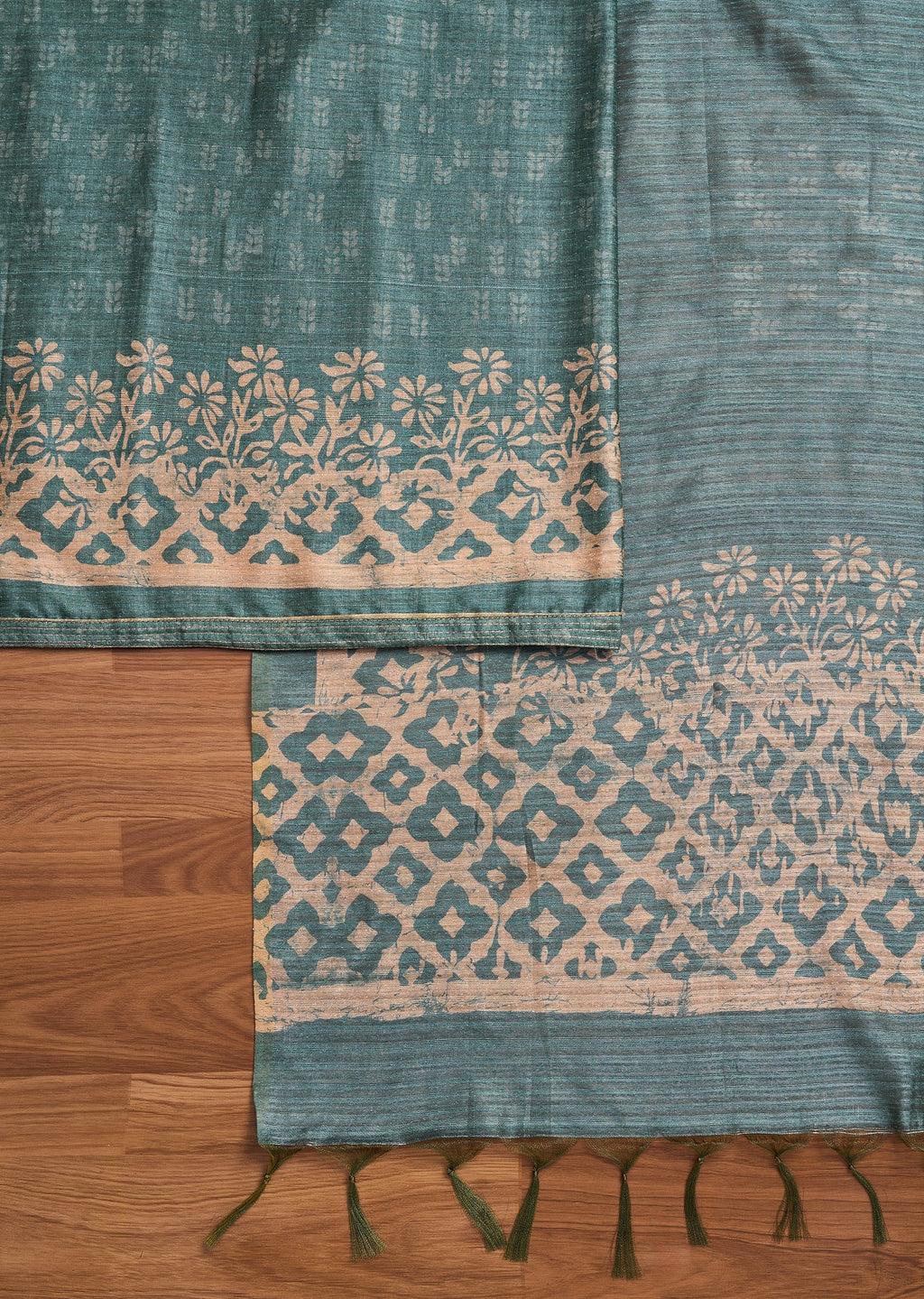 Greyish Blue Tussar Unstitched Suit With Dupatta