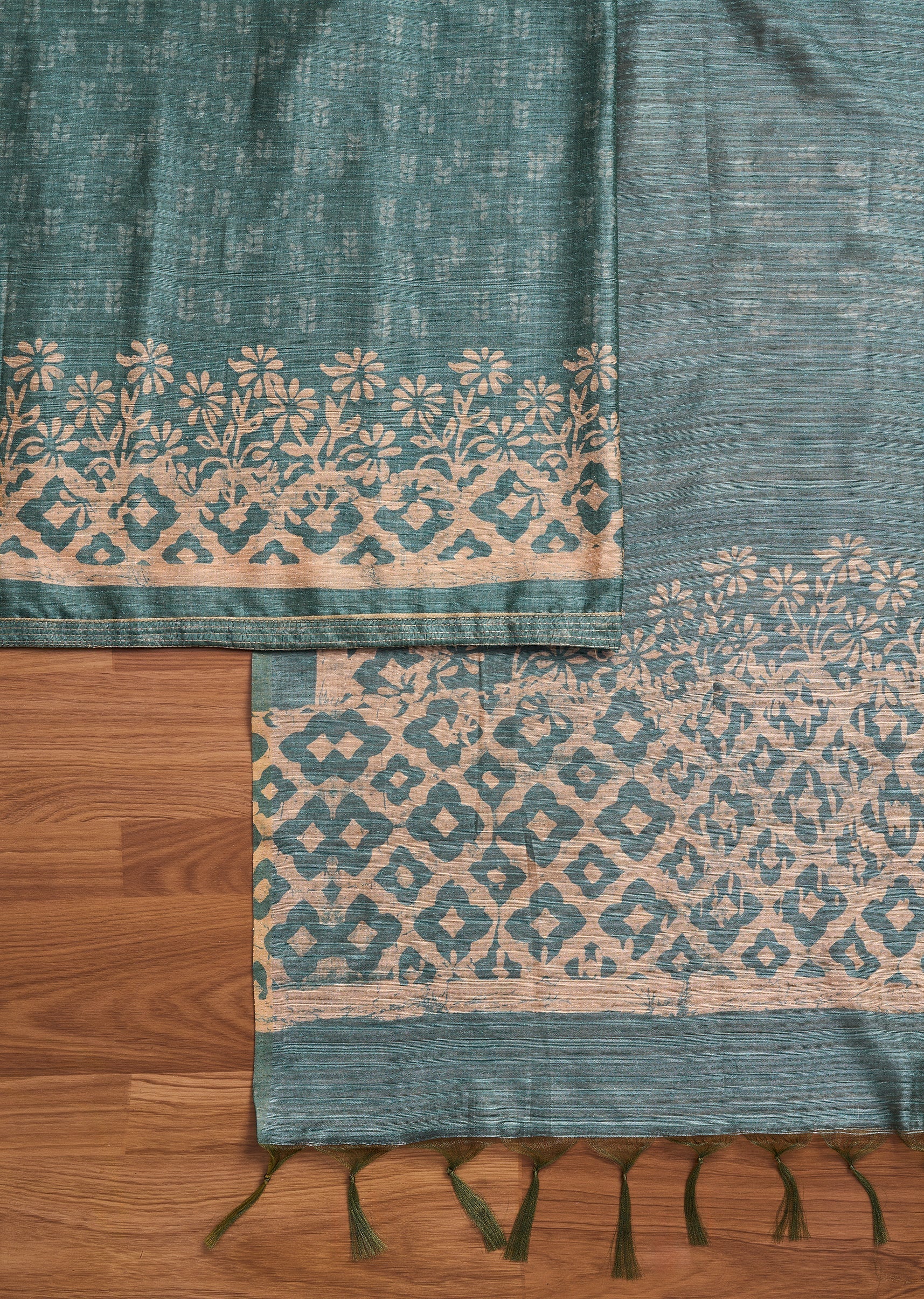 Greyish Blue Tussar Unstitched Suit With Dupatta