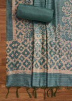 Greyish Blue Tussar Unstitched Suit With Dupatta