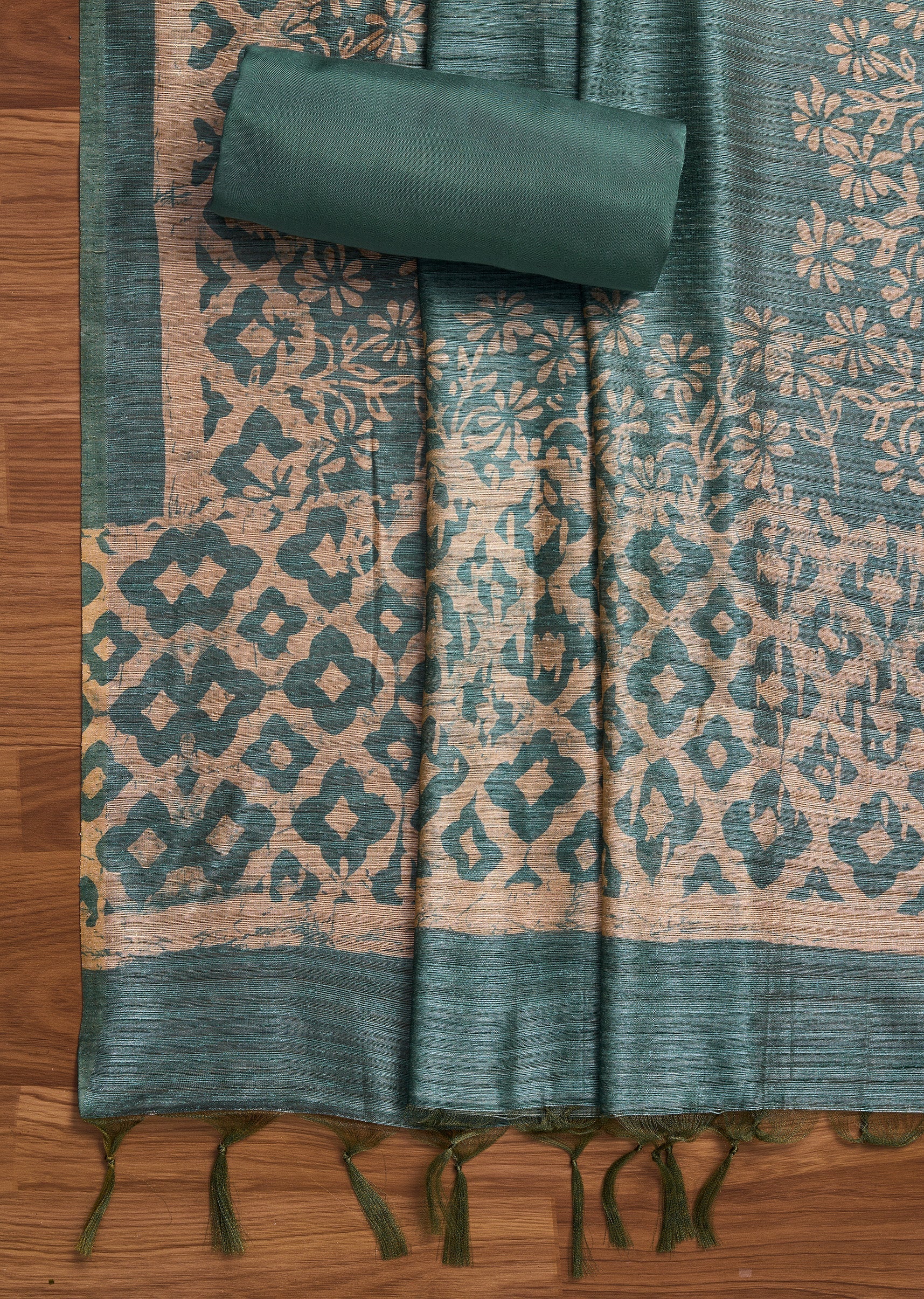 Greyish Blue Tussar Unstitched Suit With Dupatta