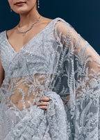 Ice Blue Heavy Embroidered Net Saree With Cutwork Border And All Over Floral Jaal