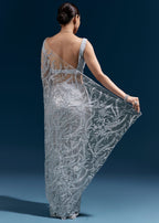 Ice Blue Heavy Embroidered Net Saree With Cutwork Border And All Over Floral Jaal