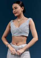 Ice Blue Heavy Embroidered Net Saree With Cutwork Border And All Over Floral Jaal