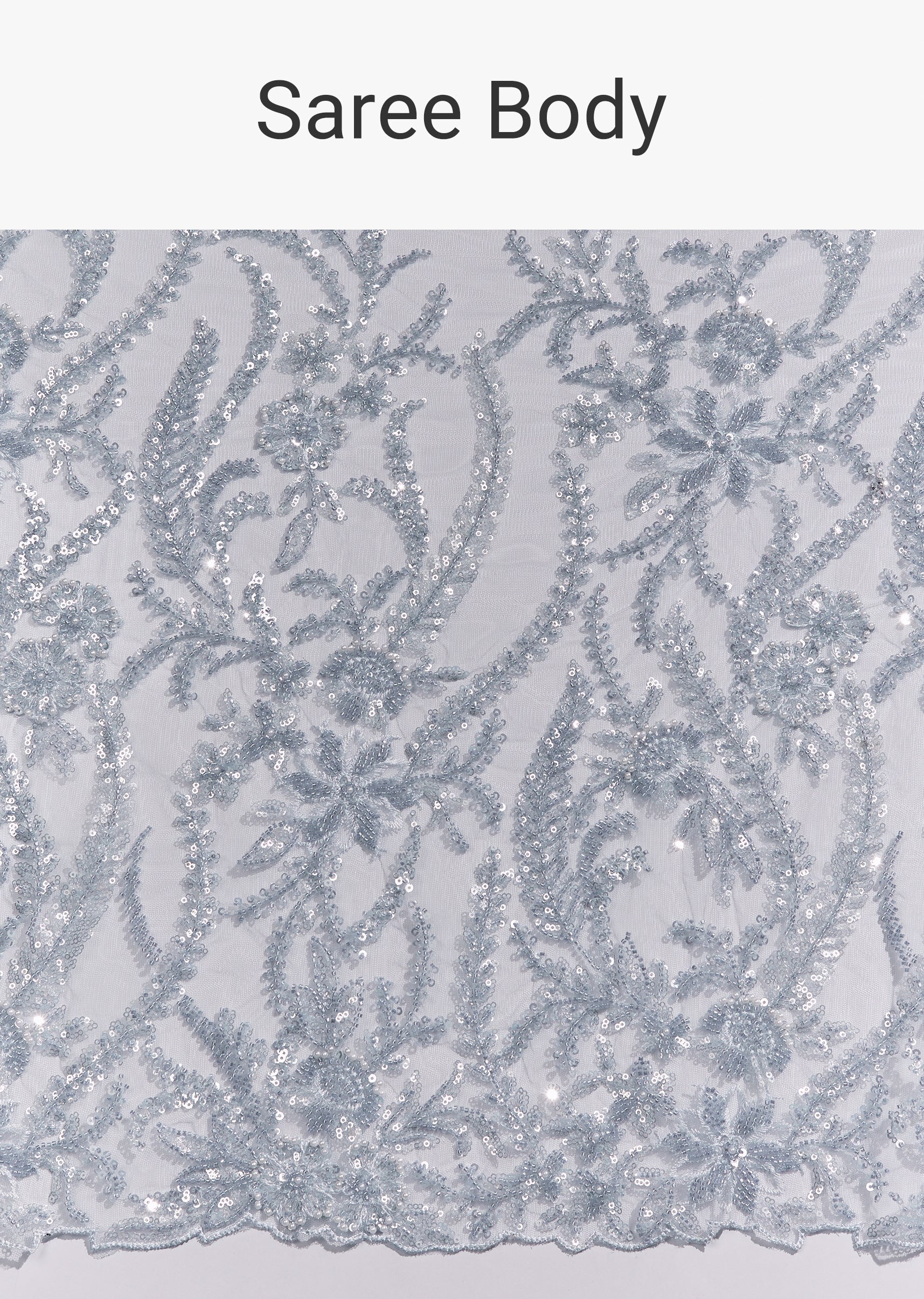 Ice Blue Heavy Embroidered Net Saree With Cutwork Border And All Over Floral Jaal