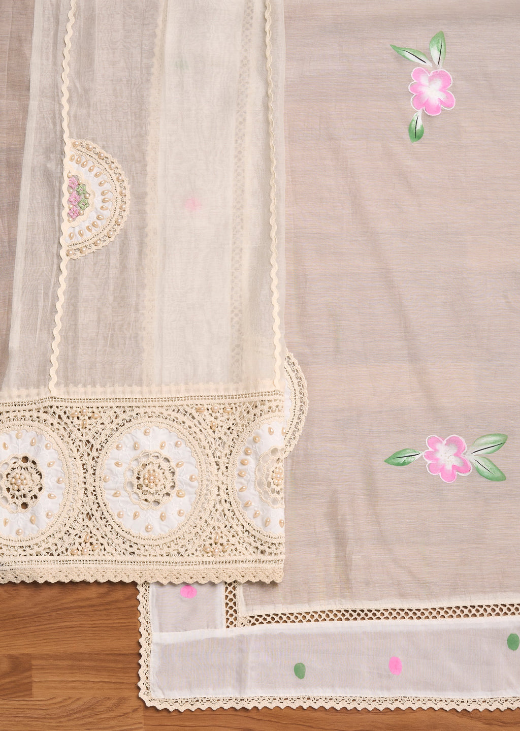 Ivory Chanderi Embroidered Unstitched Suit Set